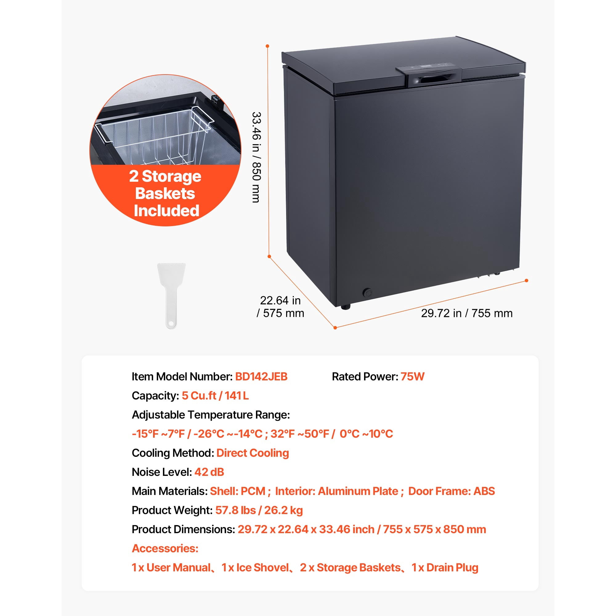 KFFKFF 5 Cu.ft Chest Freezer, Compact Deep Freezer with Top-Opening Door, Includes 2 Removable Baskets, Adjustable Temperature Control, Energy Efficient, Quiet Operation, Suitable for Garage Use