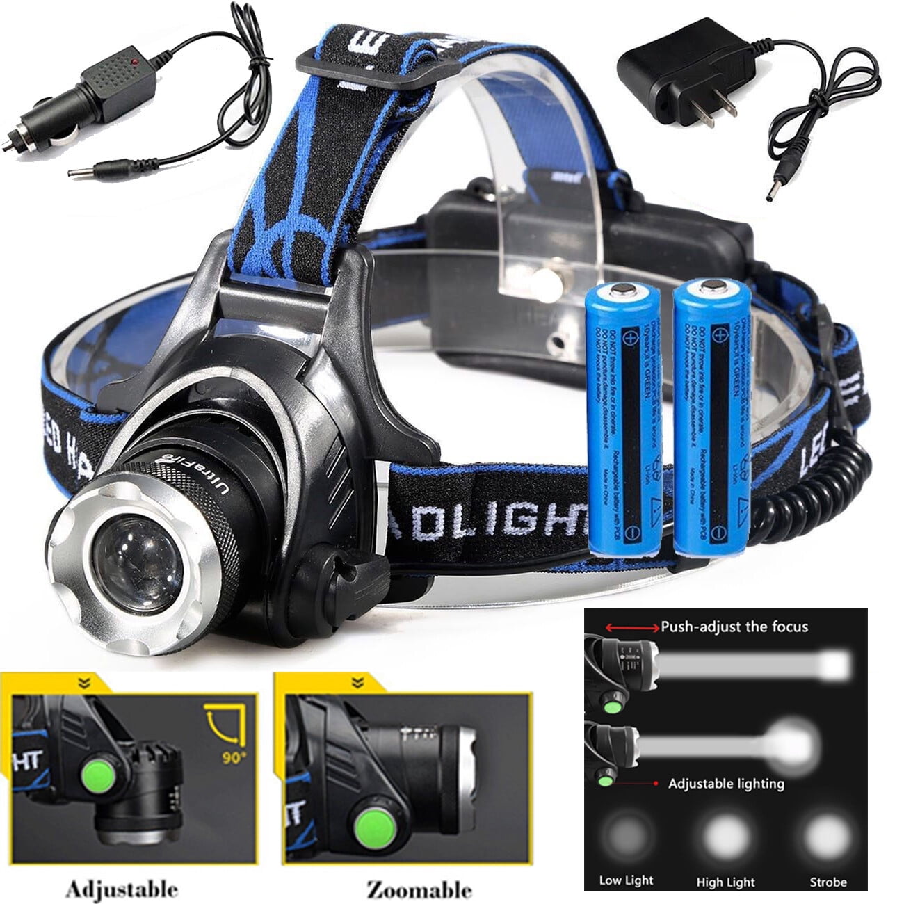 Rechargeable LED Headlamp Zoomable Waterproof Aluminum Alloy Headlight with Batteries and Charger for Camping Hiking Fishing Running