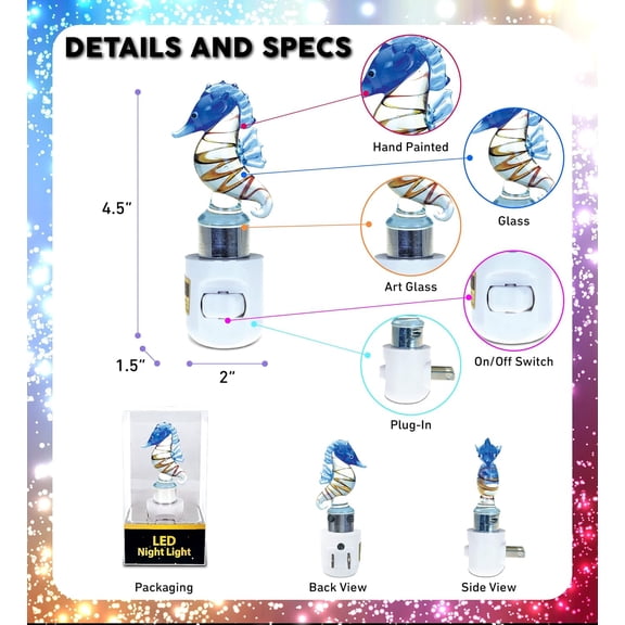 COTA Global Seahorse Night Light - Home Dcor Wall Plug in Night Light with Switch, Unique Decorative Hand Made LED Glass Art Nightlight for Bathroom, Nursery - 4.5 Inches