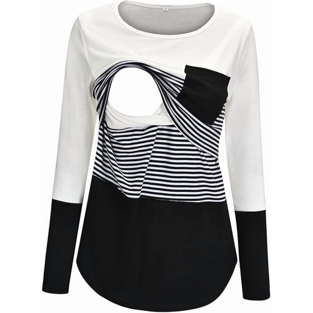 Blusa de lactancia con cuello redondo, rayas y retazos, manga larga, para embarazadas