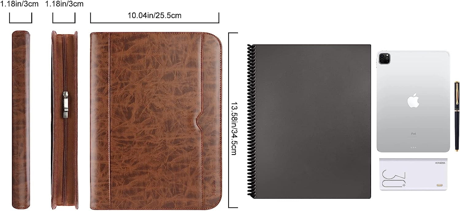ProCase Portfolio Binder, Leather Padfolio File Folder Zipper Notepad Business Legal Document Holder with Tablet Sleeve, Phone Pouch, Card Organizer, Writing Pad -Brown