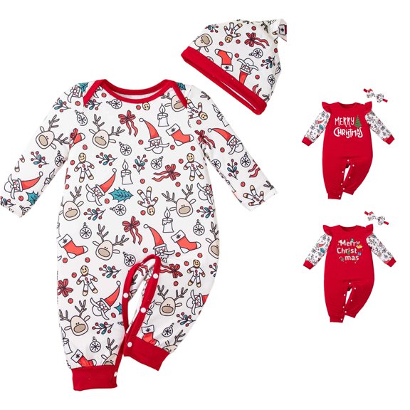 AWZXDE Girls Seasonal Rompers Christmas Full Print Long Sleeve Romper with Matching Hat Santa Reindeer Holiday 2‑Piece Outfit White-a - 12-18 Months