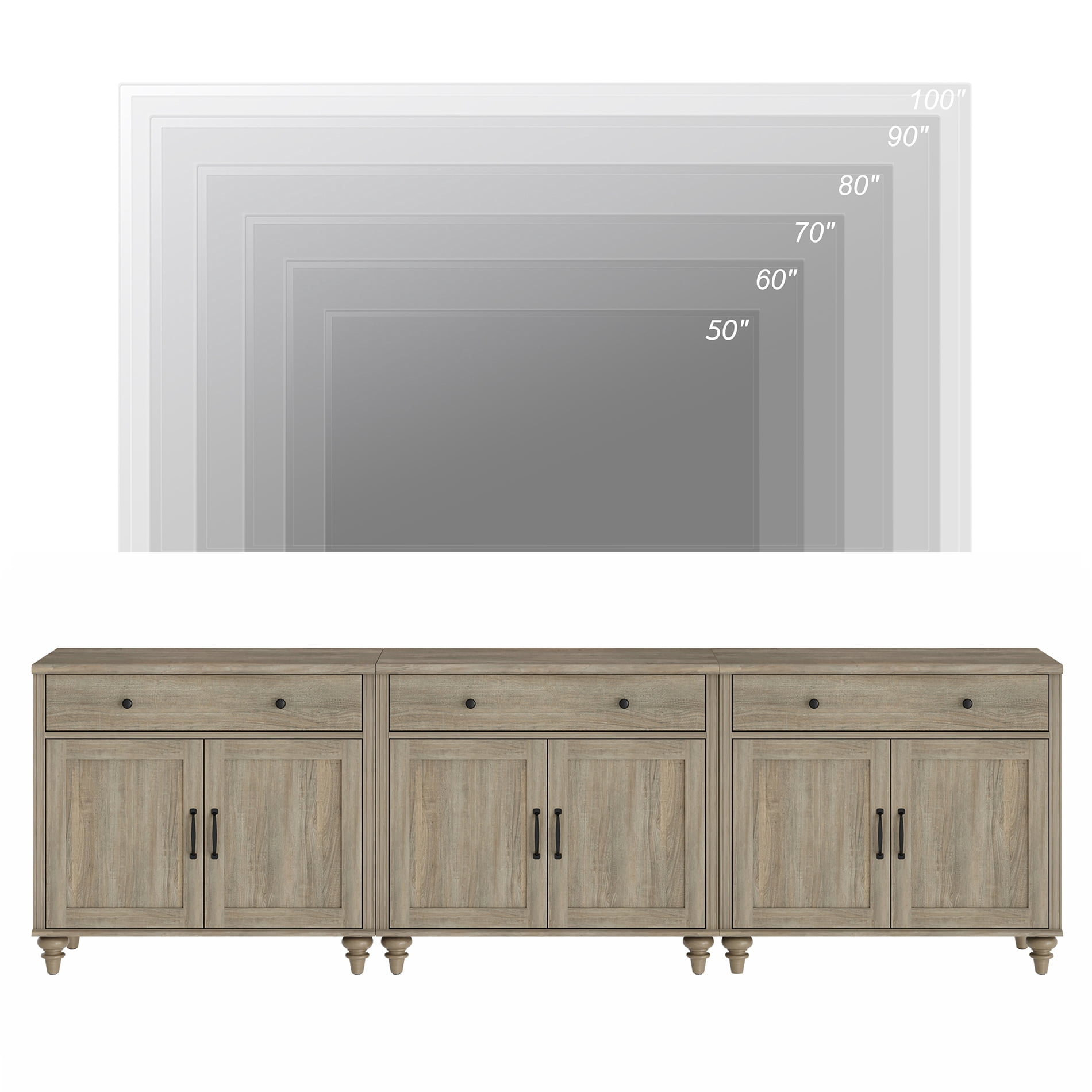 Wash Gray Farmhouse TV Stand for 85 inch TV with Drawers & Doors