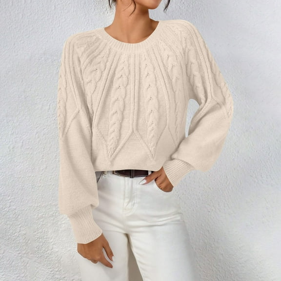 Zedker Casual Crewneck Long Lantern Sleeve Knitted Sweaters for Women Comfortable Elastic Cuffs Thermal Tops for Fall and Winter,Beige,L
