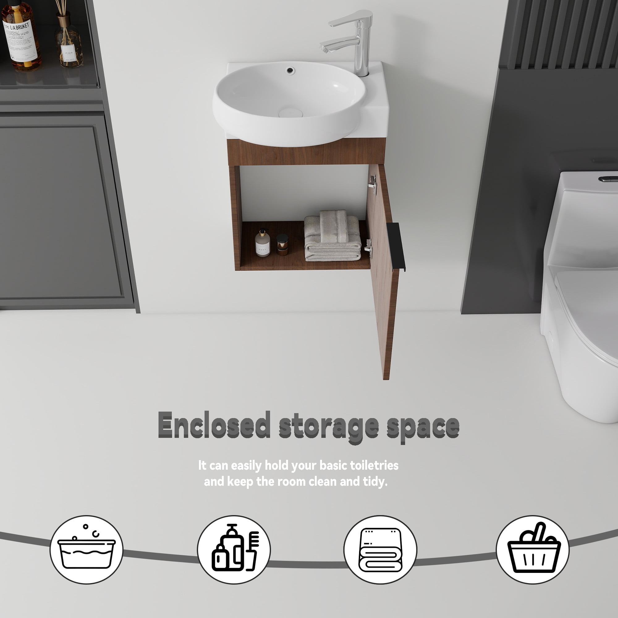 Leumius 16" Wall-Mount Bathroom Vanity Cabinet with with Ceramic Sink & Soft‑Close Doors for Small Space,Bathrooms,Brown
