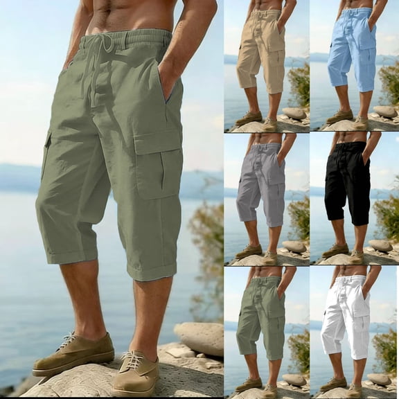Men's Cotton Linen Capri Long Utility Stacked Cargo Shorts Below Knee 13 Inches Relaxed Fit Casual Elastic Waist Multi-Pocket Size 3XL White