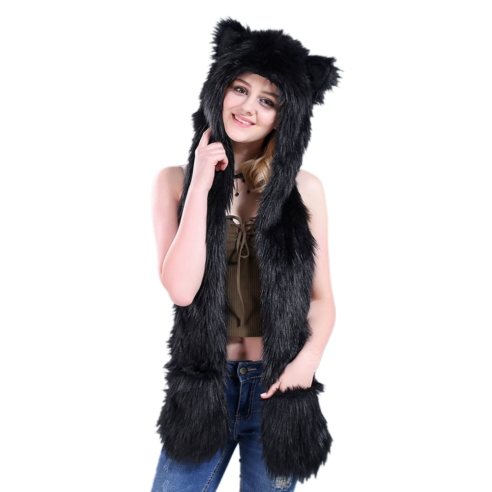 YiyiLai Long Animal Plush Hat Hood/Scarf/Gloves All in one for Adult Children Cosplay Headwear Warm Beanie Hat 