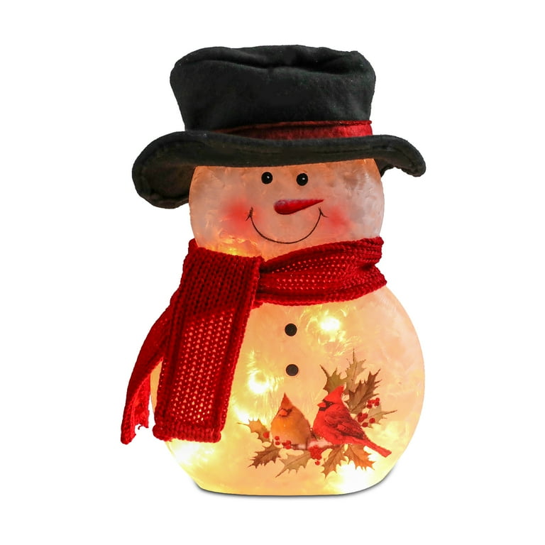 LEYUPEAK Christmas Table Decorations 9" Lighted Christmas Snowman Figurines Battery Operated Acrylic Snowman Xmas Gifts Festive Tabletop Ornaments, With Black Hat, Scarf