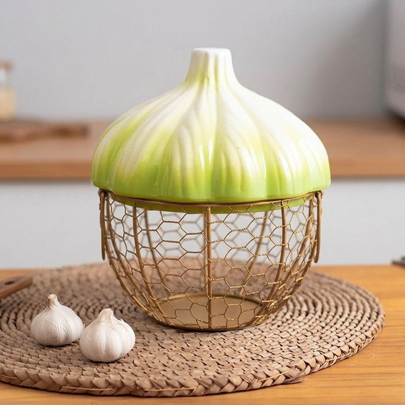 Fiocias Ceramic Holder Breathable Portable with Lid Egg Basket for Fruit Home Pantry Green