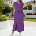 thumbnail image 2 of PRINxy Women's 2 Piece Casual Set V-Neck Short Sleeve Top Elastic Waist Split Hem Maxi Skirt with Pockets Breathable Vacation Daily Wear Purple S, 2 of 7