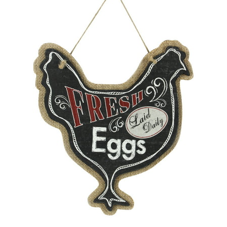 Rooster Shaped Wall Plaque Farm Fresh Eggs Laid Daily Wood and Burlap 13