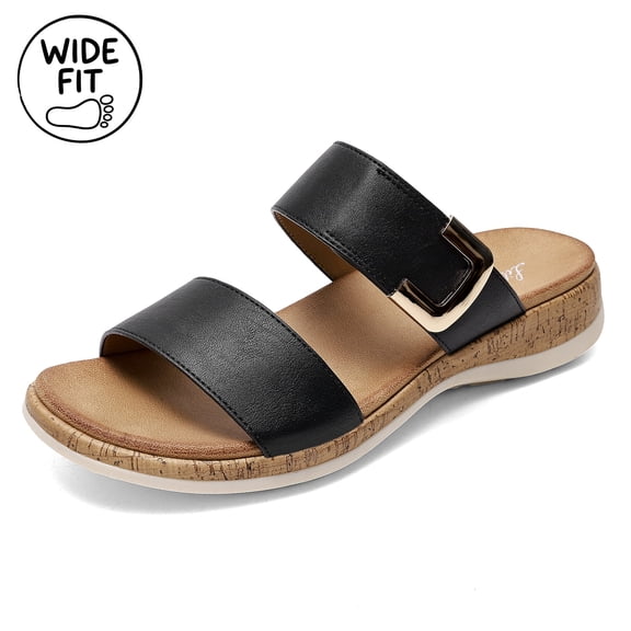 Littleplum Women's Arch Support Sandals Wide Leather Strap Casual Summer Beach Sandals for Women,Black,Size 5.5