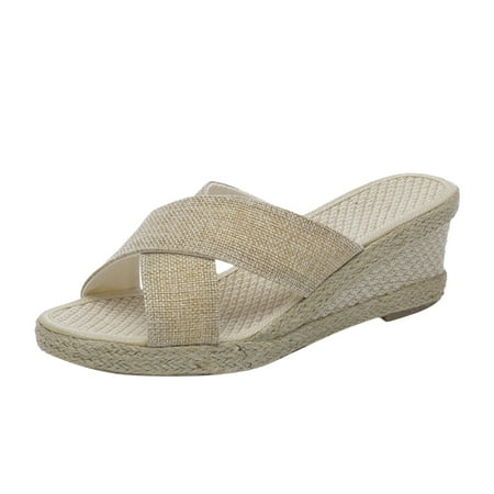 

JeashCHAT Clearance Slip On Slide Sandals for Women Women s High Heels Shoes Linen Straw Sandals Wedges Casual Canvas Dress Slippers (Beige)