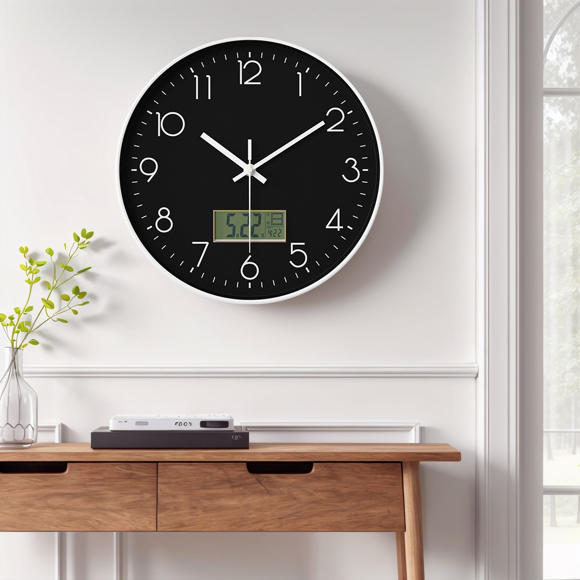 Unique Bargains Silent Non Ticking Wall Clock with Date and Temperature Black and White