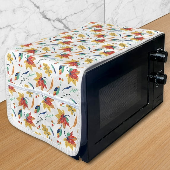 Colorful Microwave Oven Cover, Different Kind Autumn Leaves Cherries Images in Cartoon Style Seasonal Art, Water Resistant Organizer with Pockets for Kitchen, 36" x 12", Multicolor, by Ambesonne