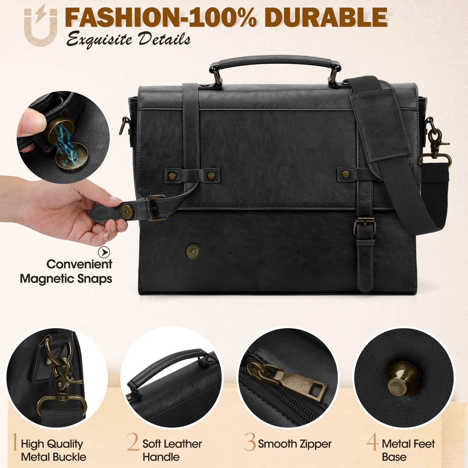 RAINSMORE Mens Messenger Bag 17 Inch Waterproof Vintage Leather Laptop Briefcase Satchel Bag Computer Shoulder Bag Large Laptop Bag for Office Business Travel College,Black