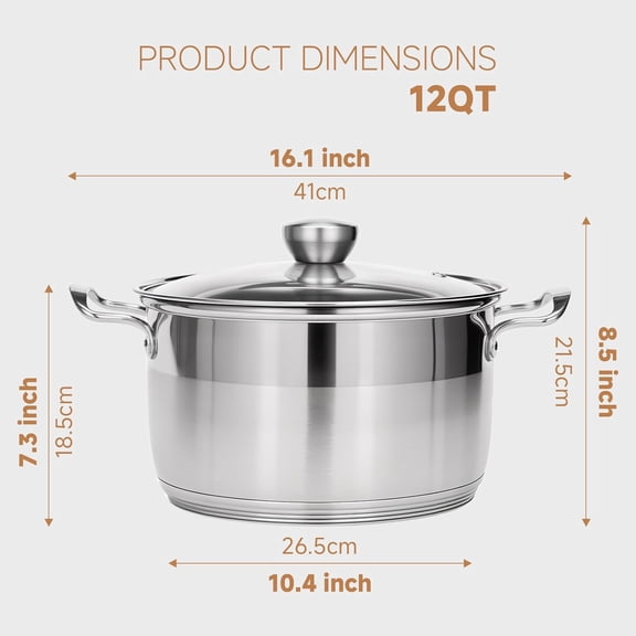 12 Quart Stainless Steel Stock Pot with Lid - Large Nonstick Deep Cooking Pot for Pasta Soup Stew Boiling Canning