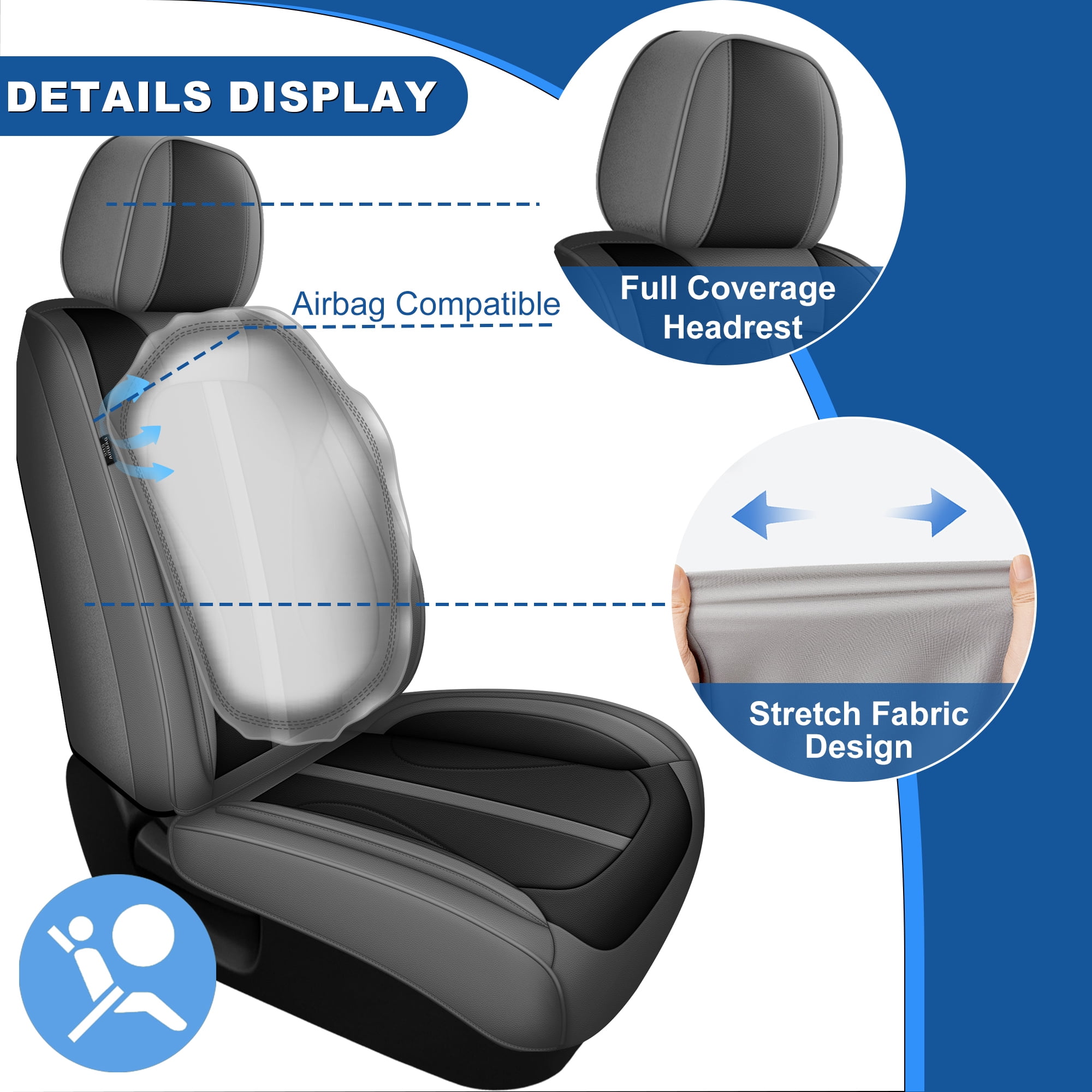 DIKSOAKR Seat Covers Full Set for Acura MDX 2004-2024 2025 Faux Leather Waterproof Comfort Car Seat Covers Lumbar Support Compatible Airbag Grey,Full Set(2 Row 5 Seats)