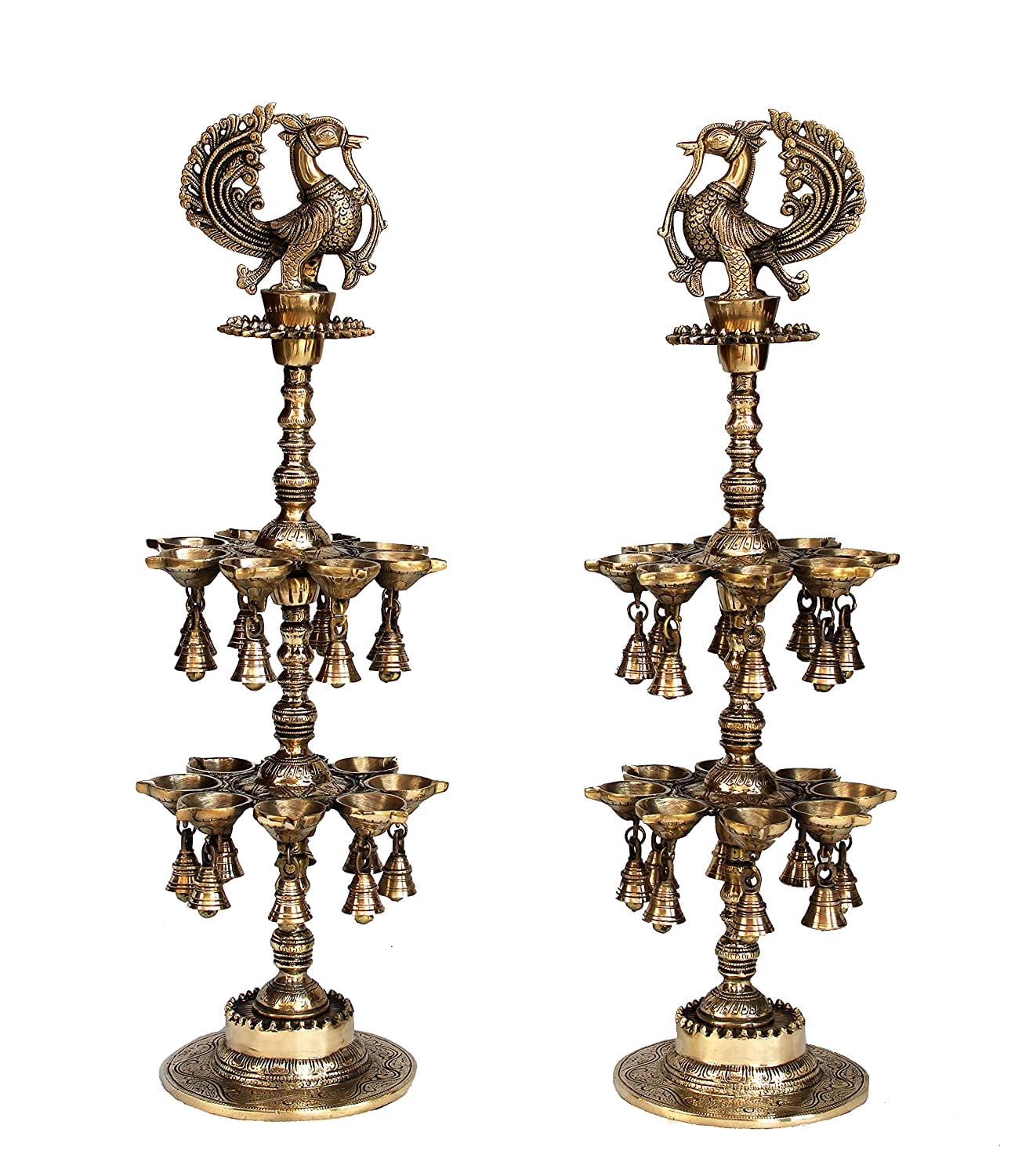 eSplanade Brass Peacock Oil Lamp - Set of 2 - 17" Inches | Brass Diya | Brass Deepam | Brass Lamps | Kuthu Vilakku