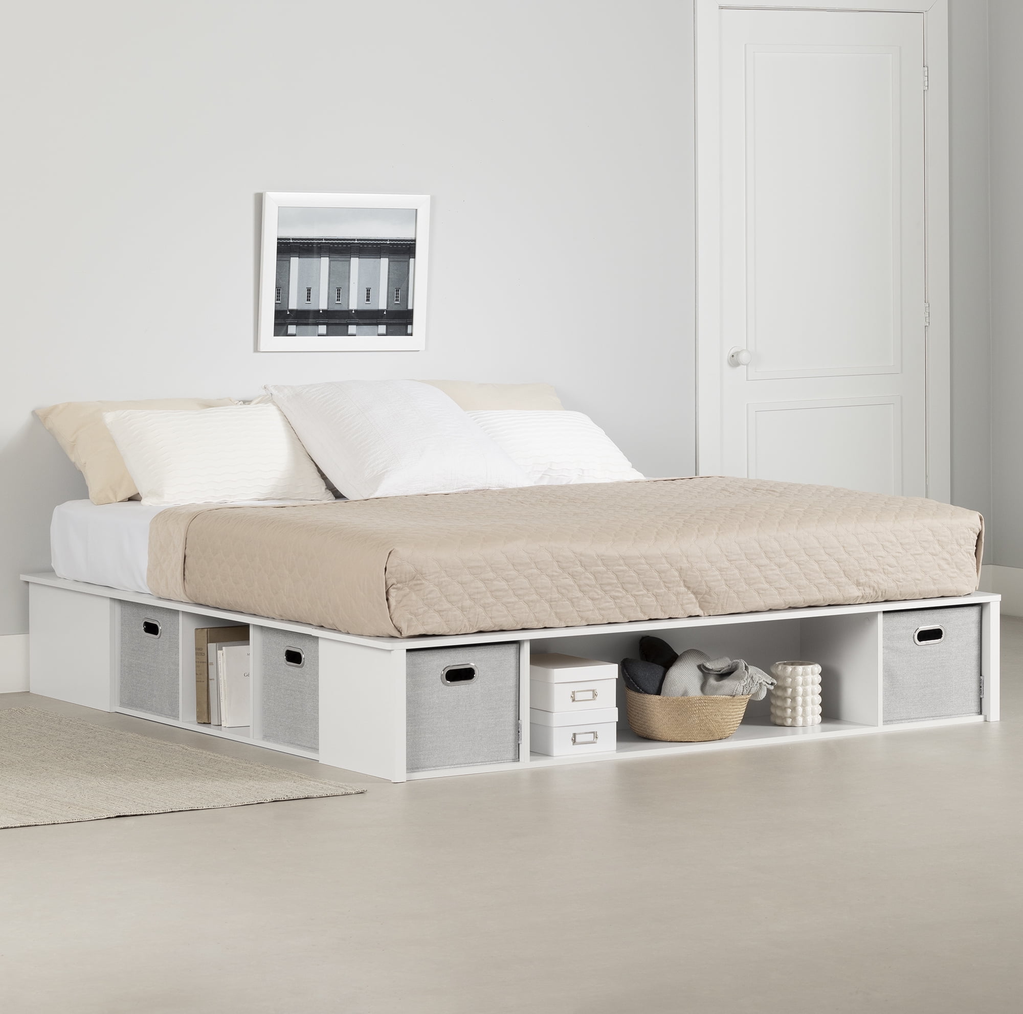 South Shore Flexible Queen Storage Platform Bed with Baskets, in Pure White