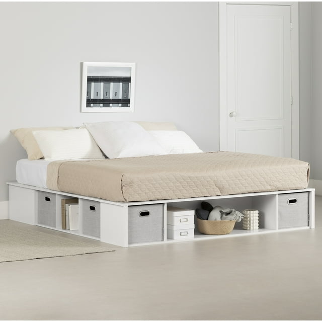 South Shore Flexible King Storage Platform Bed with Baskets, in Pure White