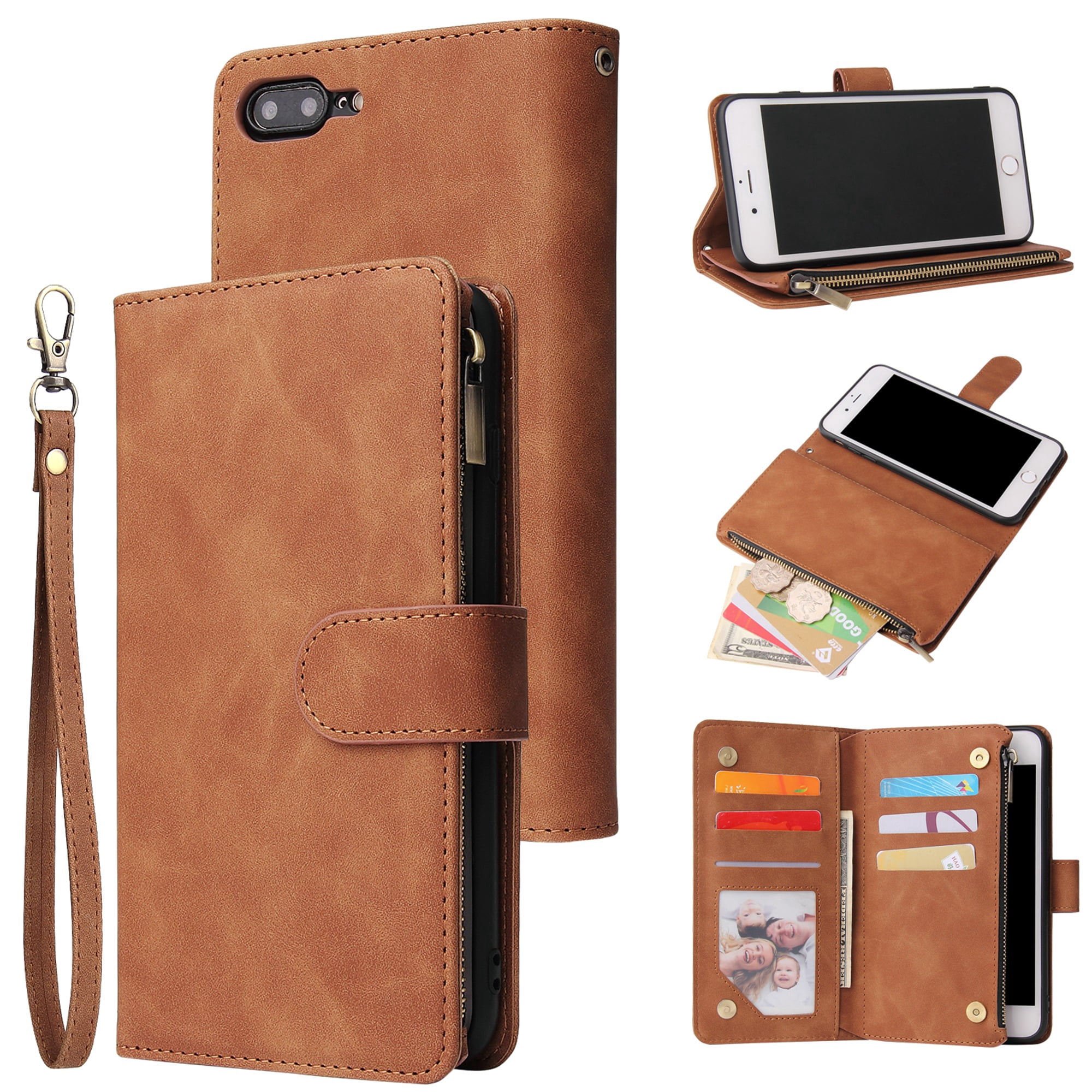 iPhone 8 Plus Wallet Case, iPhone 7 Plus Case, Dteck Soft Leather Zipper Wallet Case Magnetic Buckle Horizontal Flip Cover with 5 Card Slots/Photo Pocks For Apple iPhone 8 Plus/7 Plus 5.5 inch, Brown