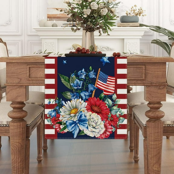 Linen Watercolor Red White and Blue American Flag Stars Table Runner 71 Inches Long 4th of July Memorial Day Veterans Day Patriotic Decoration and Supplies for Home