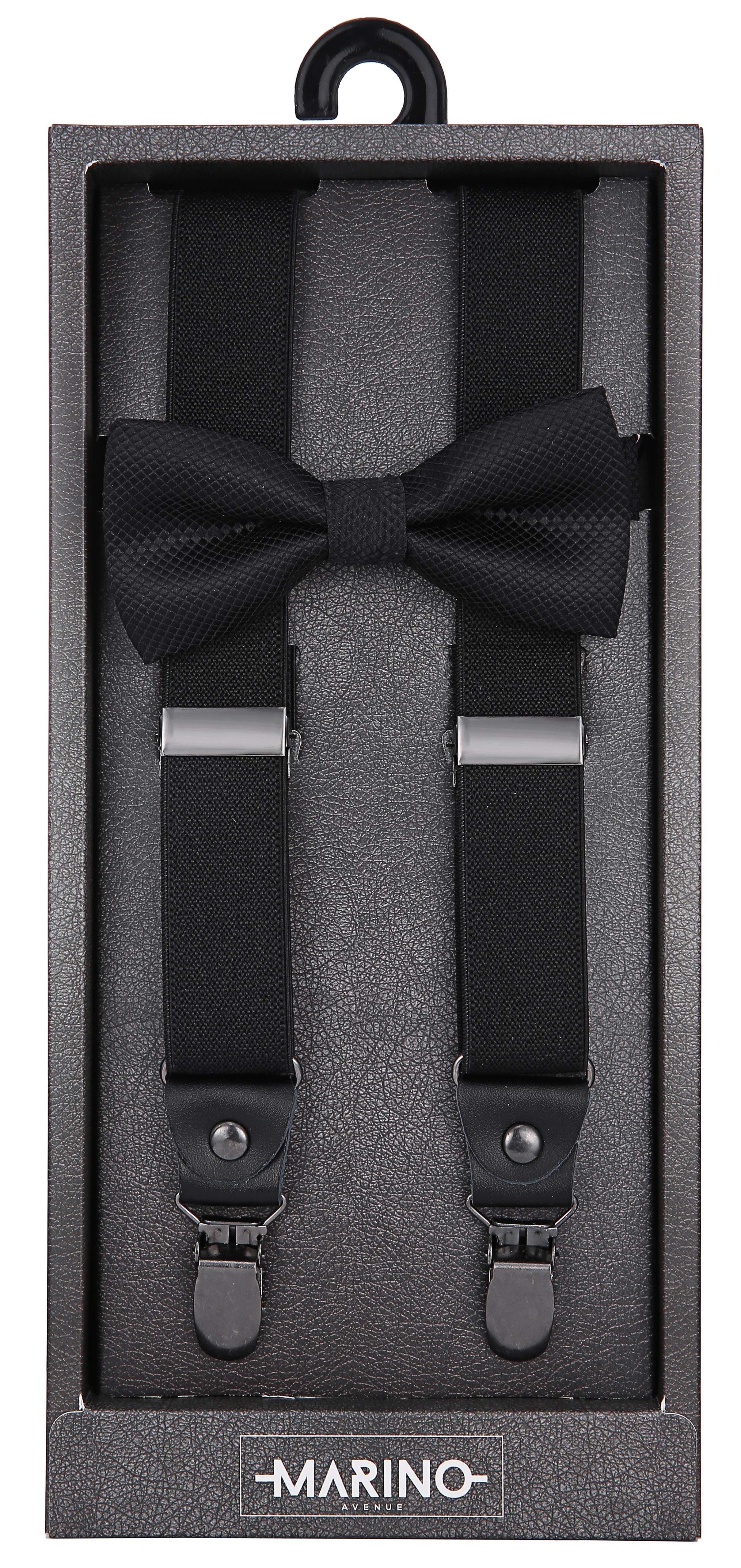 Marino Elastic Fashion Suspenders 1 Wide with Genuine Leather Tips and Polyester Bow Tie Set for Men and Teens