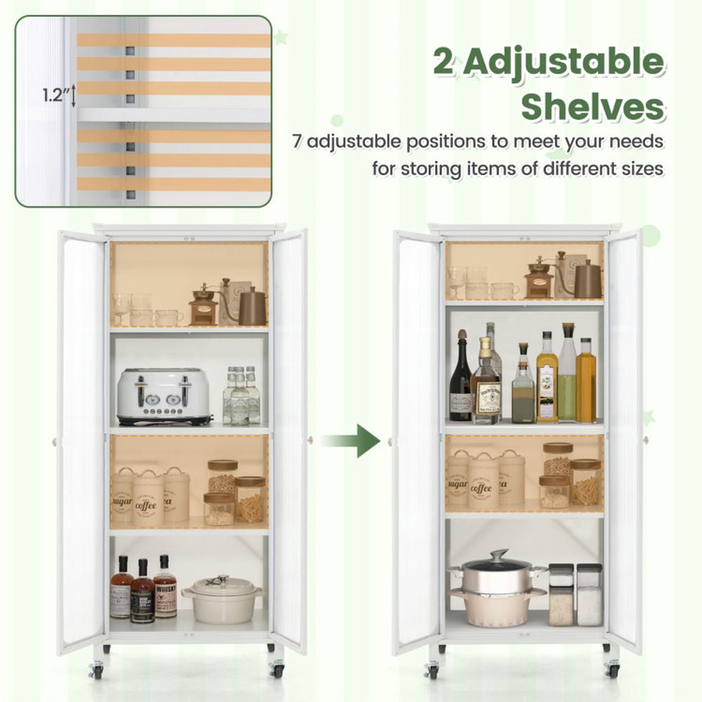 Finihen Storage Cabinet, Glass Doors Storage Cabinet with Wheels and Adjustable Shelves, for Living Room, Bedroom, Entryway, White