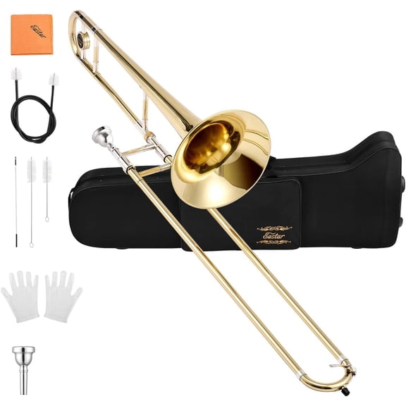 Eastar Bb Tenor Trombone for Beginners Students B Flat Brass Instrument, with Case, Mouthpiece, White Gloves, Cleaning Kit, Gold