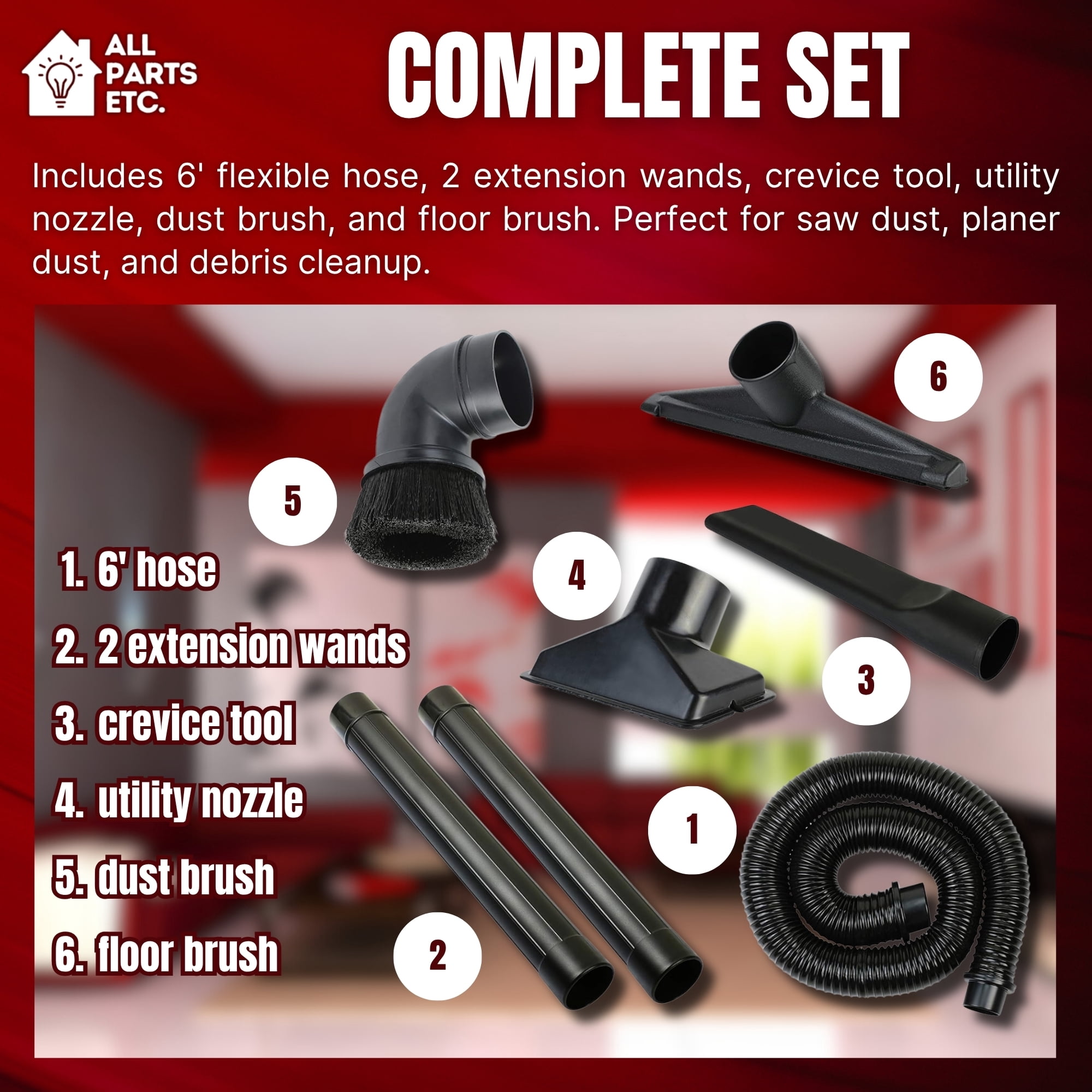 2.5" Shop Vac Attachments – 7-Piece Kit with Hose, Extension Wands, Utility Nozzle, Crevice Tool – Wet Dry Vacuum Accessories for Woodworking Shops, Dust Collector, Garage, Cabinet Use
