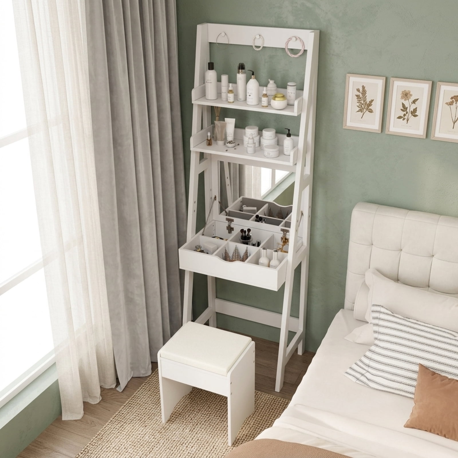 Furnibear Vanity Desk Set with Flip Top Mirror Hidden Storage Compartments and Cushioned Stool for Bedroom Makeup Dressing Room Vanity Desk, White