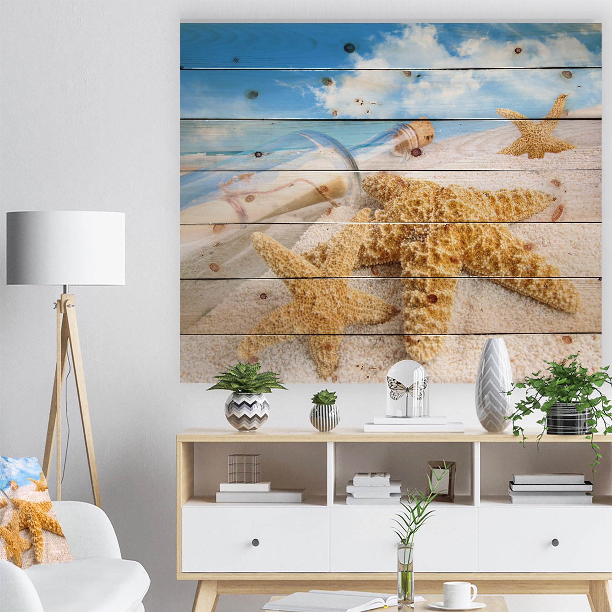 Designart 'Message in Bottle Buried in Sand' Seashore Photo Print on Natural Pine Wood