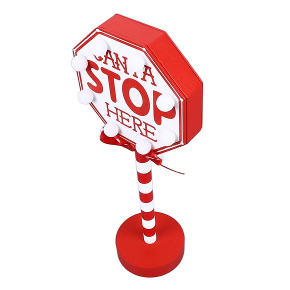 Christmas Road Sign Decorative Light Stop Here Sign Metal Solid Wood LED Santa Stop Here Tree Topper Christmas Stop Sign with Base Window Decoration for Christmas Party