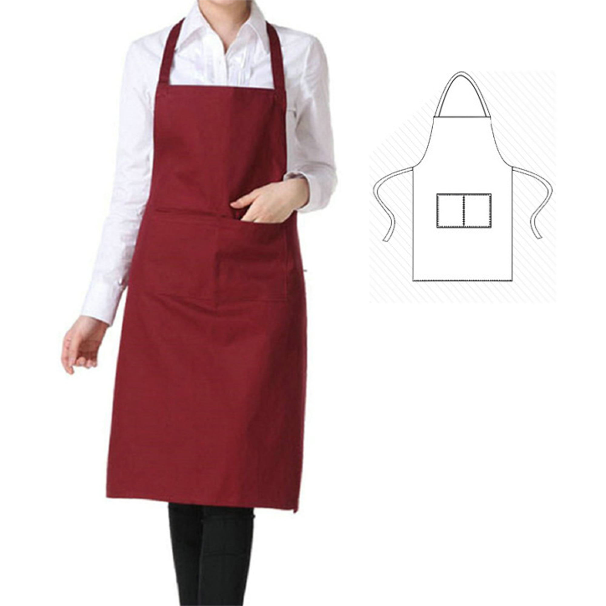 Women Solid Color Cooking Kitchen Apron Bib with Pockets Apron Uniform LP 