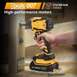 21V Cordless Impact Wrench 1/2 Inch 300Nm Brushless Motor with 2x2.0Ah Batteries, 3 Speed Settings, LED Light, 19 Accessories for Home and Auto, Yellow