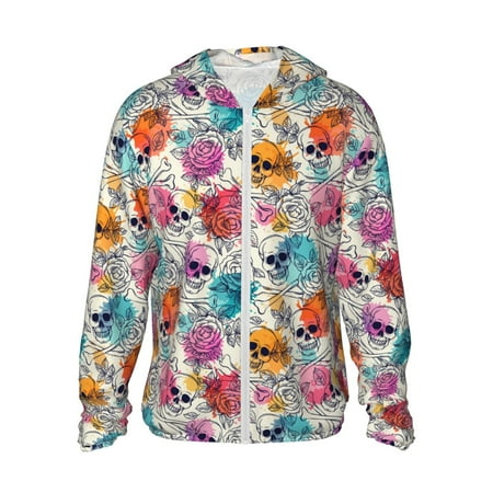 Sigee Skulls and Roses Print UPF50+ Men s Sun Protection Hoodie Shirt SPF UV Shirt Long Sleeve Fishing Outdoor Lightweight S-3XL