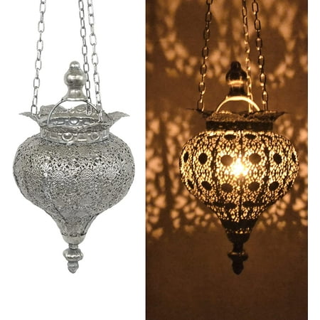 

BIANYQ Silver Oriental Moroccan Ramadan Lantern Metal Hanging Pendant Light Candle Lantern Lamp Decorative Decor Indoor Outdoor - Small