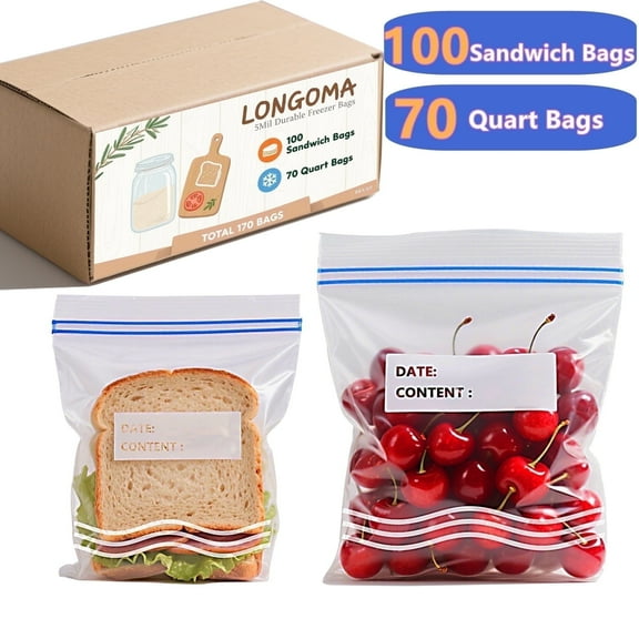 170 Count Food Storage Bag Double Zipper Fresh Seal Freezer Bags, 100 Sandwich Bags   70 Quart Bags, Plastic Fresh Seal Snack Bag