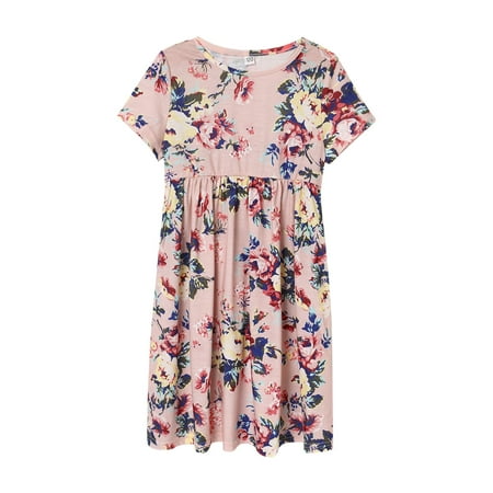 

BSDHBS Girls Dresses Toddler Dress Short Sleeve Summer Girls Dress with Floral Print Short Sleeve Princess Dress with Two Pocket