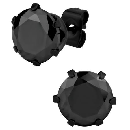 Large Stainless Steel Black IP Plated Round 5.5 Ct Black CZ Simulated Diamond Stud Earrings for Men