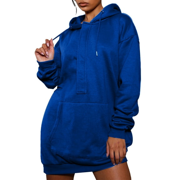 QUYUON Long Hooded Sweatshirt Women Hoodies Dress Drawstring Pockets Long Sleeve Hoodie Pullover Tops Side Split Hem Blouse Shirts Fall Sweatshirts Winter Sweater Coat Blue L