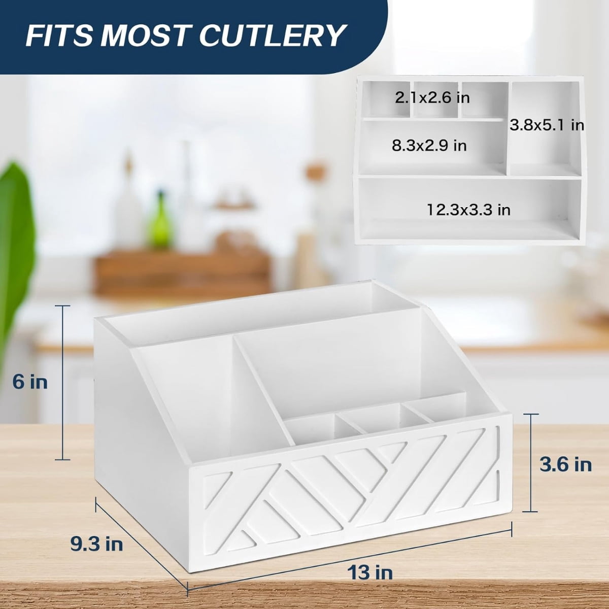 Paper Plate Dispenser, Paper Plate Holder for Kitchen Counter, Wood Silverware Utensil Caddy, Cutlery Flatware Organizer Box for Kitchen (White)