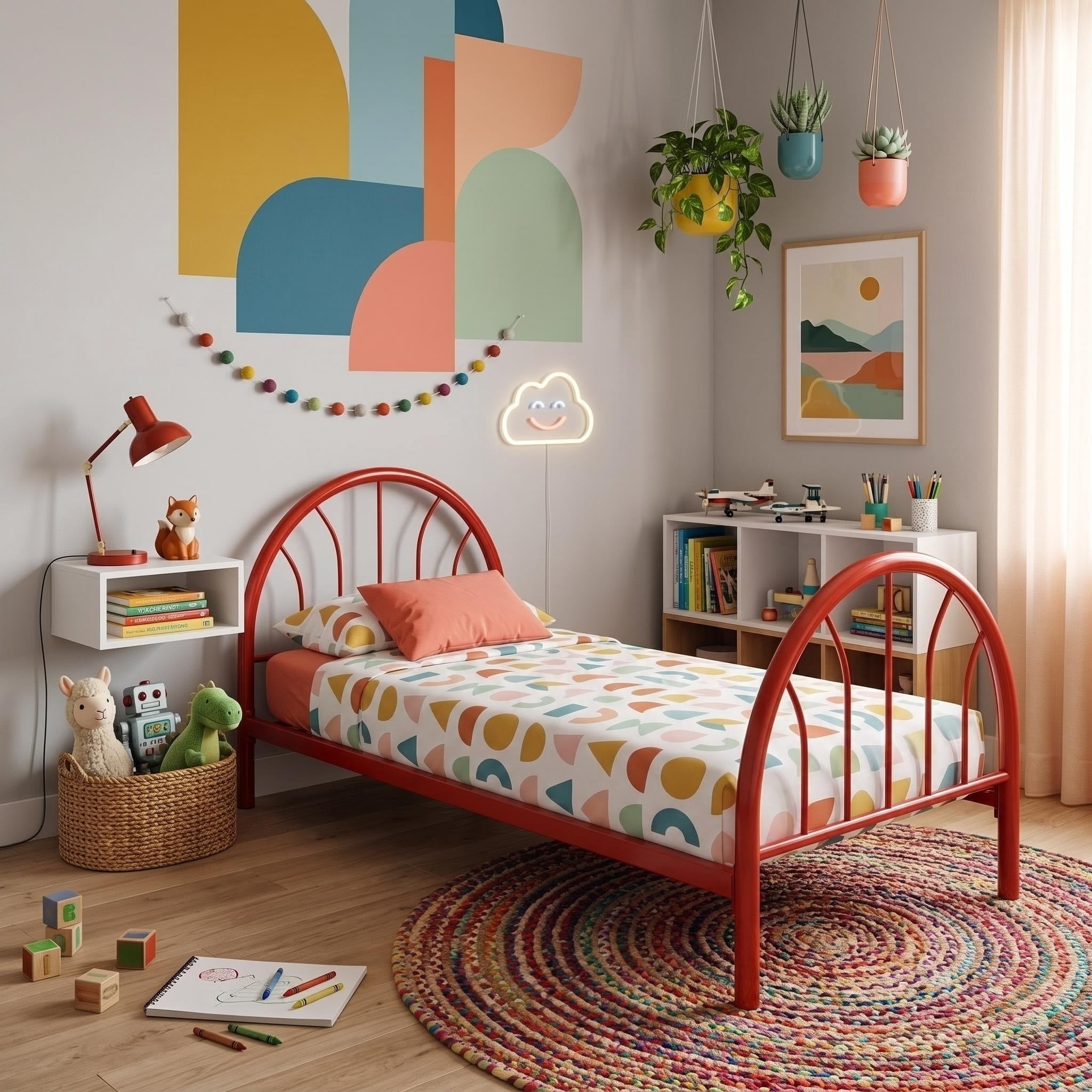 Heavy Duty Metal Twin Platform Bed 39 Inch High, 16 Support Slats with Blue & Red Underbed Storage Tub, Noise Free Bed Frame for Bedroom