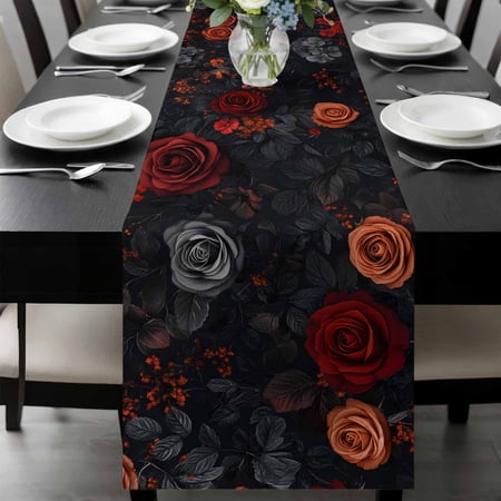 Red Orange Roses Table Runner 60 Inches Long, Elegant Romantic Flowers Pastoral Kitchen Coffee Dining Table Decoration for Home Party Birthday Wedding Home Decor 13x60 Inches