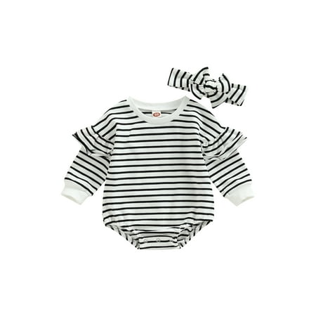 

AMILIEe Toddler Baby Girls Boys Sweatshirts Romper Ruffle Long Sleeve Striped Playsuit Pullover + Headband Set