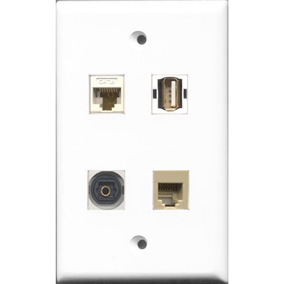 RiteAV 1 Port USB A-A and 1 Port Phone RJ11 RJ12 Beige and 1 Port Toslink and 1 Port Cat6 Ethernet White Wall Plate