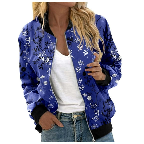 Cnbwig Women's Trendy Jackets Floral Print Round Neck Loose Long Sleeve Coat Cardigan Zipper Collar Top Football Jacket with Pockets Coats 2025 Fall Fashion Outfits A-Blue L
