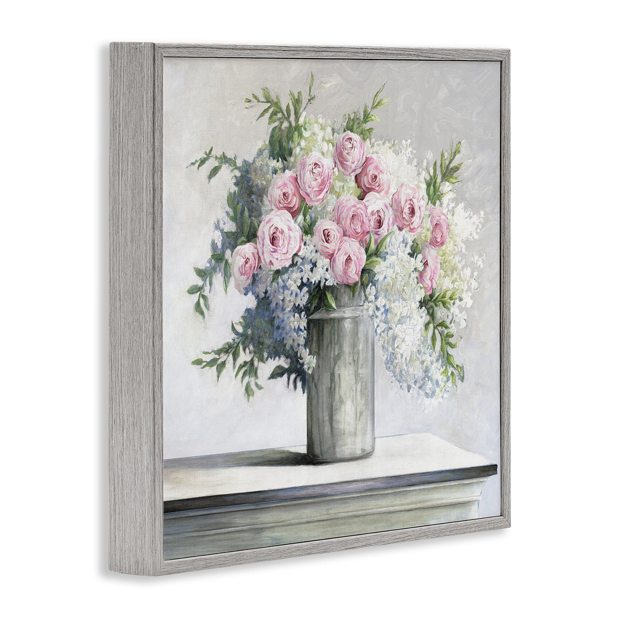 Stupell Industries Soft Pink Roses Botanical & Floral Painting Gray Framed Art Print Wall Art, 17 x 17
