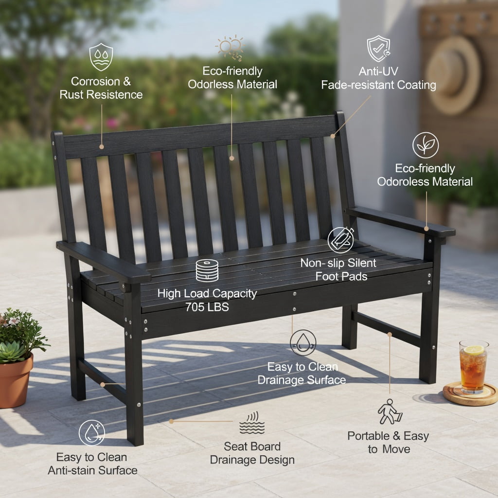 Hommoo 52" All-Weather HDPE Outdoor Bench, Heavy-Duty, Garden Bench with Backrest, Armrests & Slatted Design for Porch, Backyard & Patio, Black